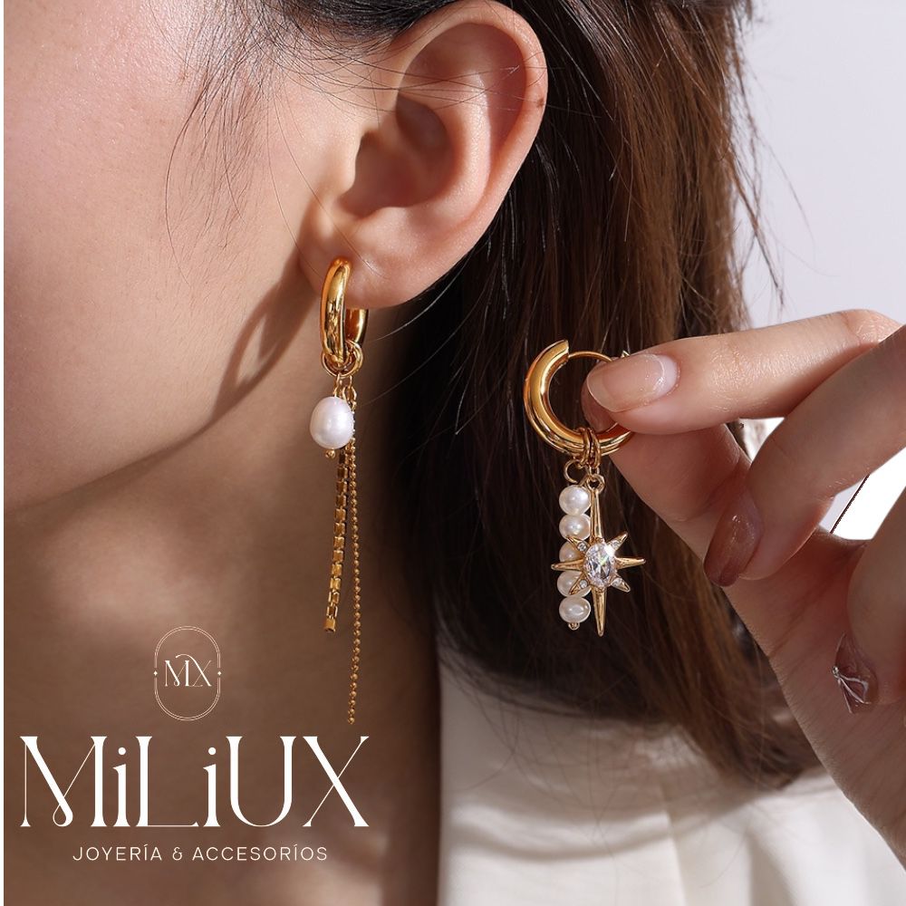 Aretes con Perlas y Estrellas Corto y Largo